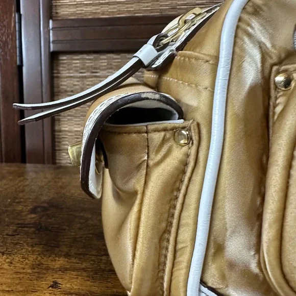 Vintage Coach Gallery Pocket Satchel Bag Turnlock Gold Satin White